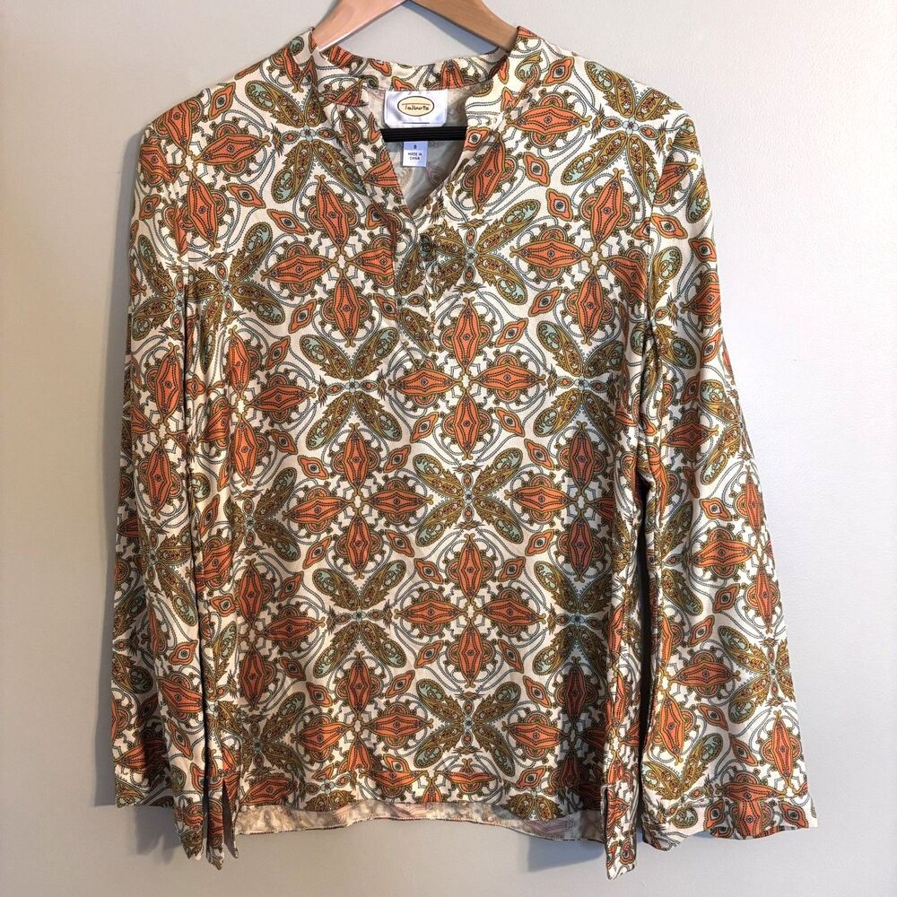 Talbots 100% Silk Women's Tunic Blouse Paisley Geometric Classic Elegant Sz 8